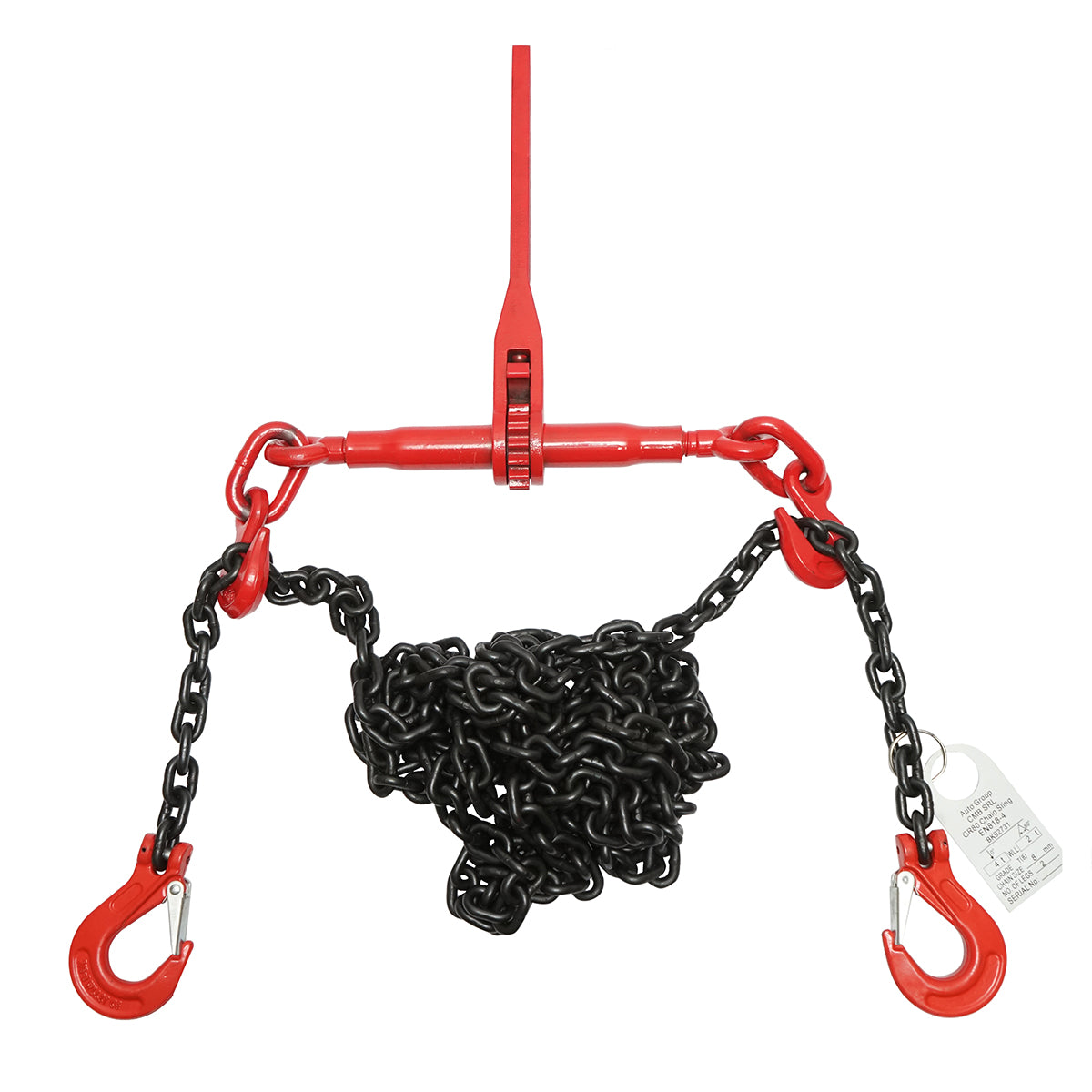 Anchor chain for heavy machinery with a ratchet tensioning device, load capacity 4T, chain length 6m, link thickness 8mm.
