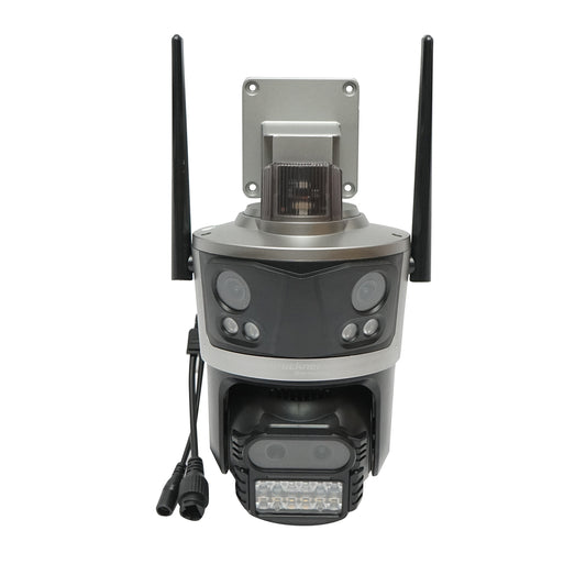 Surveillance camera with 4 lenses, 3 objectives 12 MP, 2 dual control CPUs, P2P WIFI 2.4G, PTZ with motion sensor, alarm, night vision, AI human detection, and iCSee application.