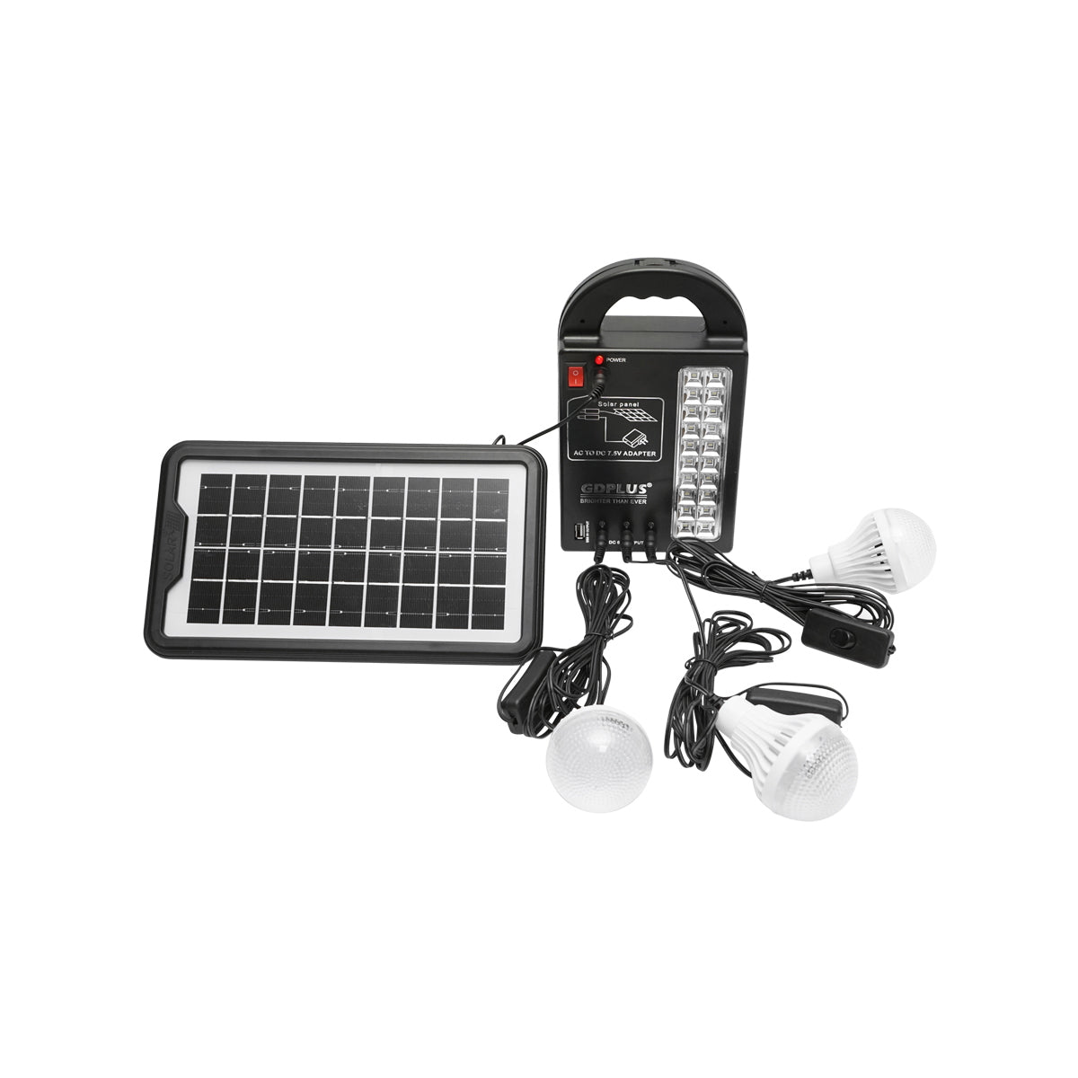 Portable LED lighting kit with 3 bulbs/projector, solar panel and 6V, 3Ah battery for fishing camping GD-17