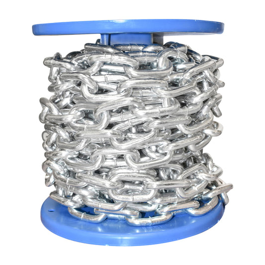 Electro-galvanized chain 7.9x32.3x30mm DIN5685A 10m/roll plastic drum