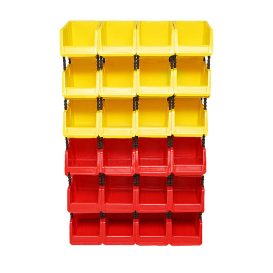 Stand with 24 boxes for storage/organization, red plastic box, yellow, 700x300x1150mm