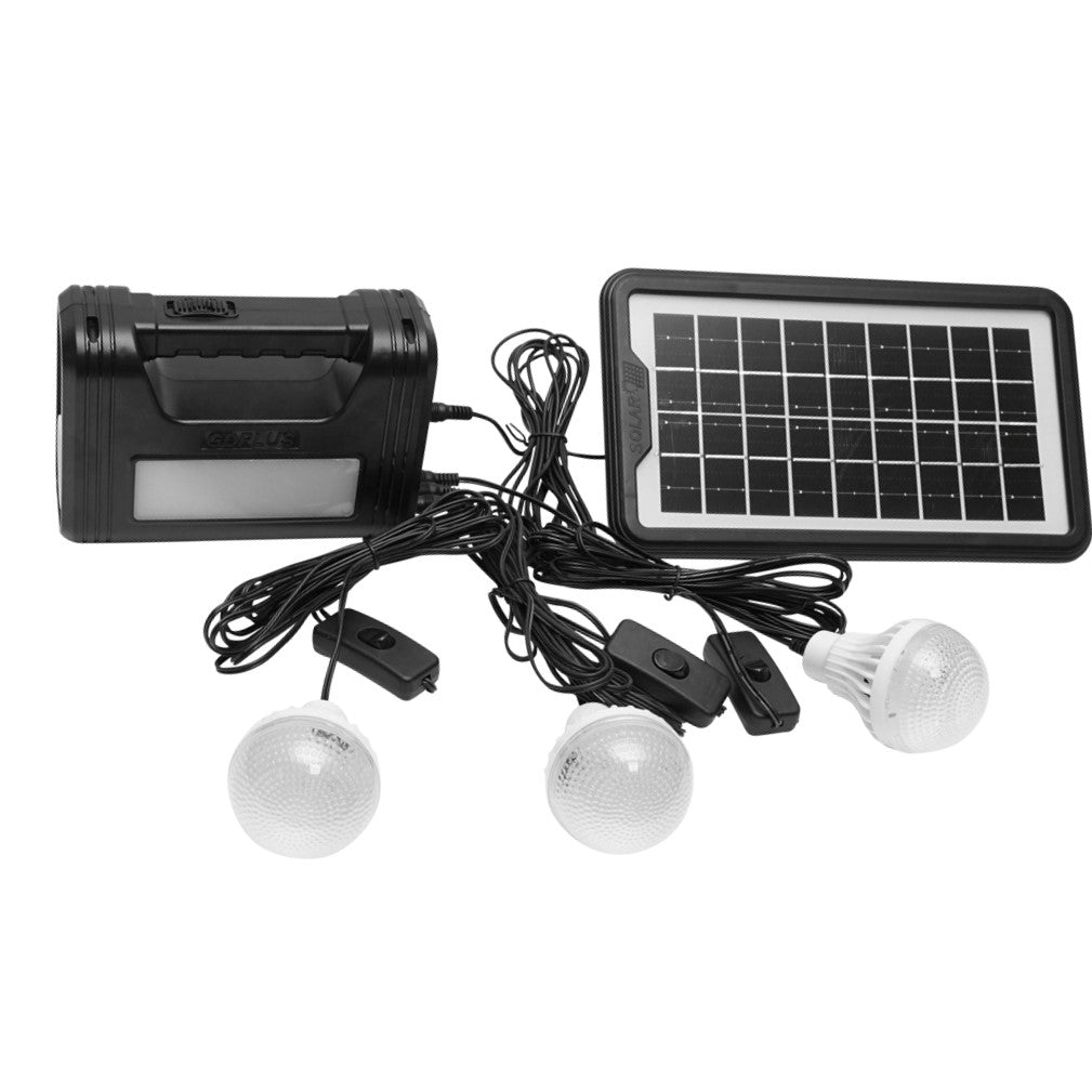 Portable LED lighting kit with 3 bulbs/projector, solar panel, and 6V, 3Ah battery for fishing camping GD-8017COB