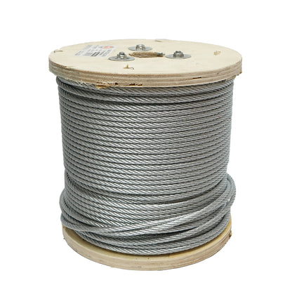 Galvanized steel cable with a diameter of 5mm, 6x7 wires, maximum load 1460Kg, weight 13.1Kg, 150m/roll