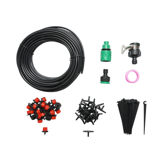 Complete drip irrigation kit with 20m hose, nozzles, connectors, 80 stakes.