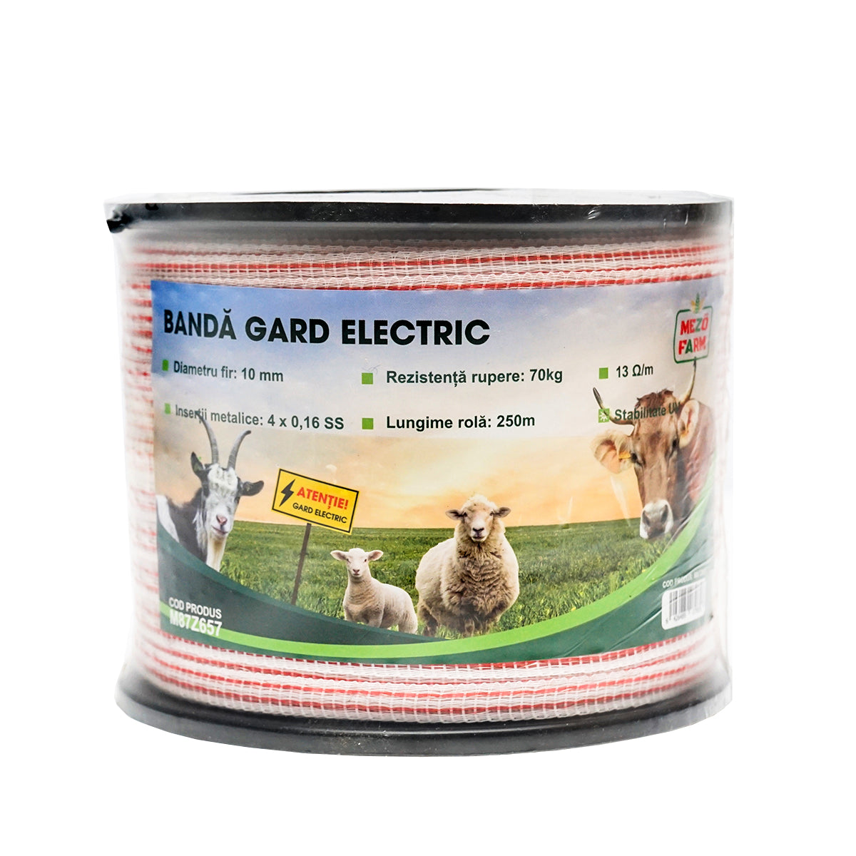 Red-white band roll 10mm with metal insert 4x0.16mm SS, resistance 13 Ohm/m, 250m electric fence Mezofarm