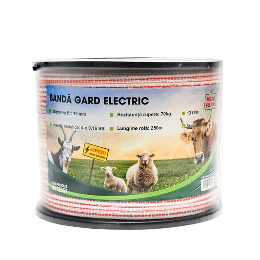 Red-white band roll 10mm with metal insert 4x0.16mm SS, resistance 13 Ohm/m, 250m electric fence Mezofarm