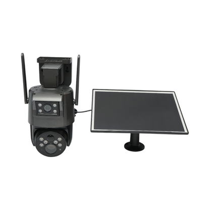 Dual-lens surveillance camera 6 MP, 4G, WIFI 2.4 GHz with solar panel, 10000 mAh battery, 360 degrees PTZ, human PIR detection, night vision and Ubox application.