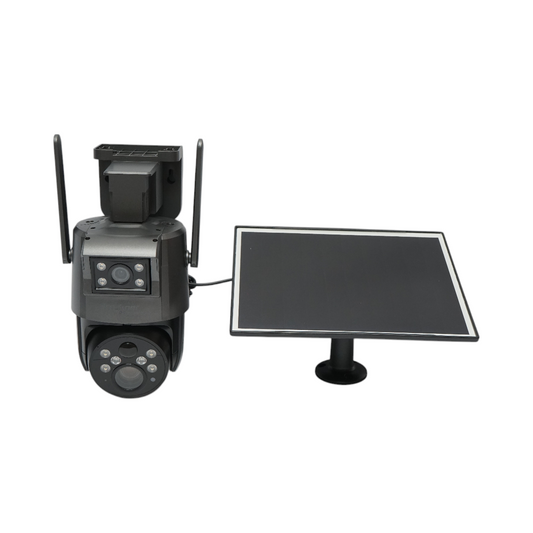 Dual-lens surveillance camera 6 MP, 4G, WIFI 2.4 GHz with solar panel, 10000 mAh battery, 360 degrees PTZ, human PIR detection, night vision and Ubox application.