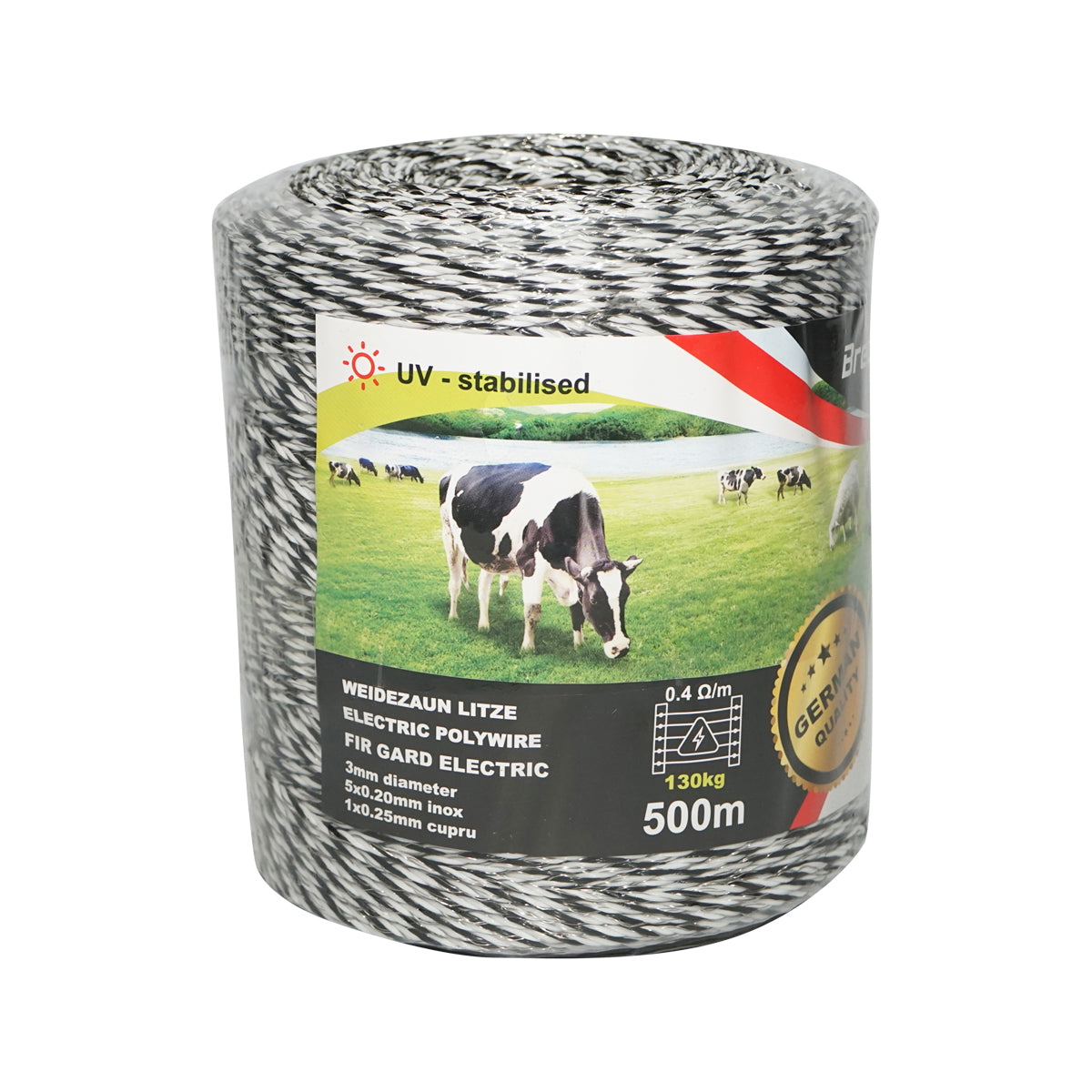 Black-white wire roll 3mm 5x0.2mm stainless steel, 1x0.25 copper 0.4 Ohm/m, 500m electric fence Breckner Germany