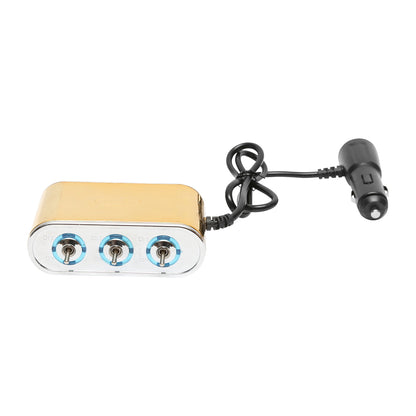 Triple car lighter adapter 12/24V gold with individual switch and 1 USB port 5V 2.1A