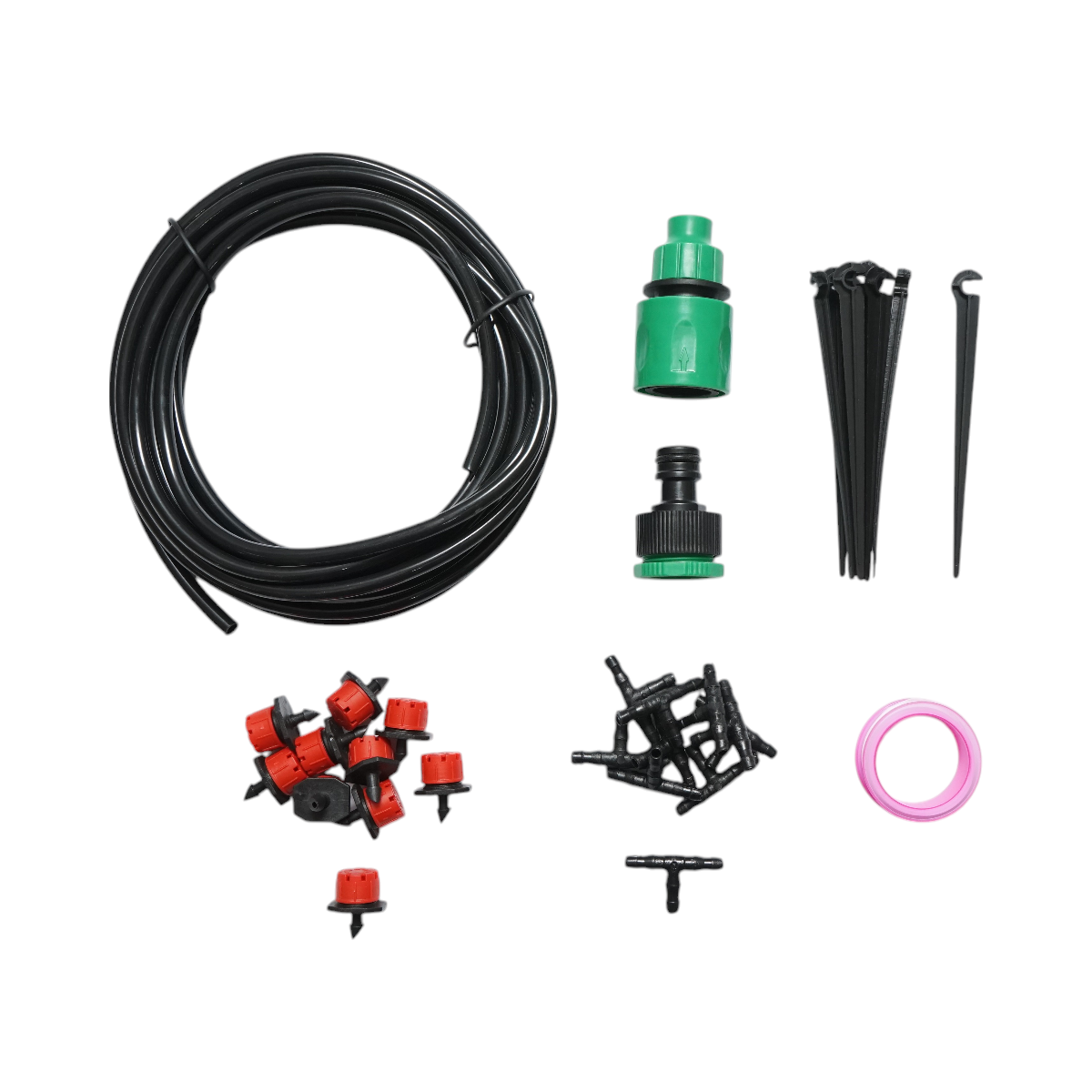 Complete drip irrigation kit with a 5.5m hose, nozzles, connectors, fixing stakes, 34 pieces.