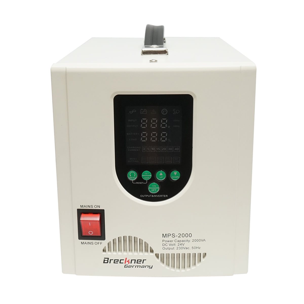 UPS with inverter for heating system 1400W/2000VA, pure sine wave 24V/230V, 2 schuko sockets, LCD display, AVR Breckner Germany