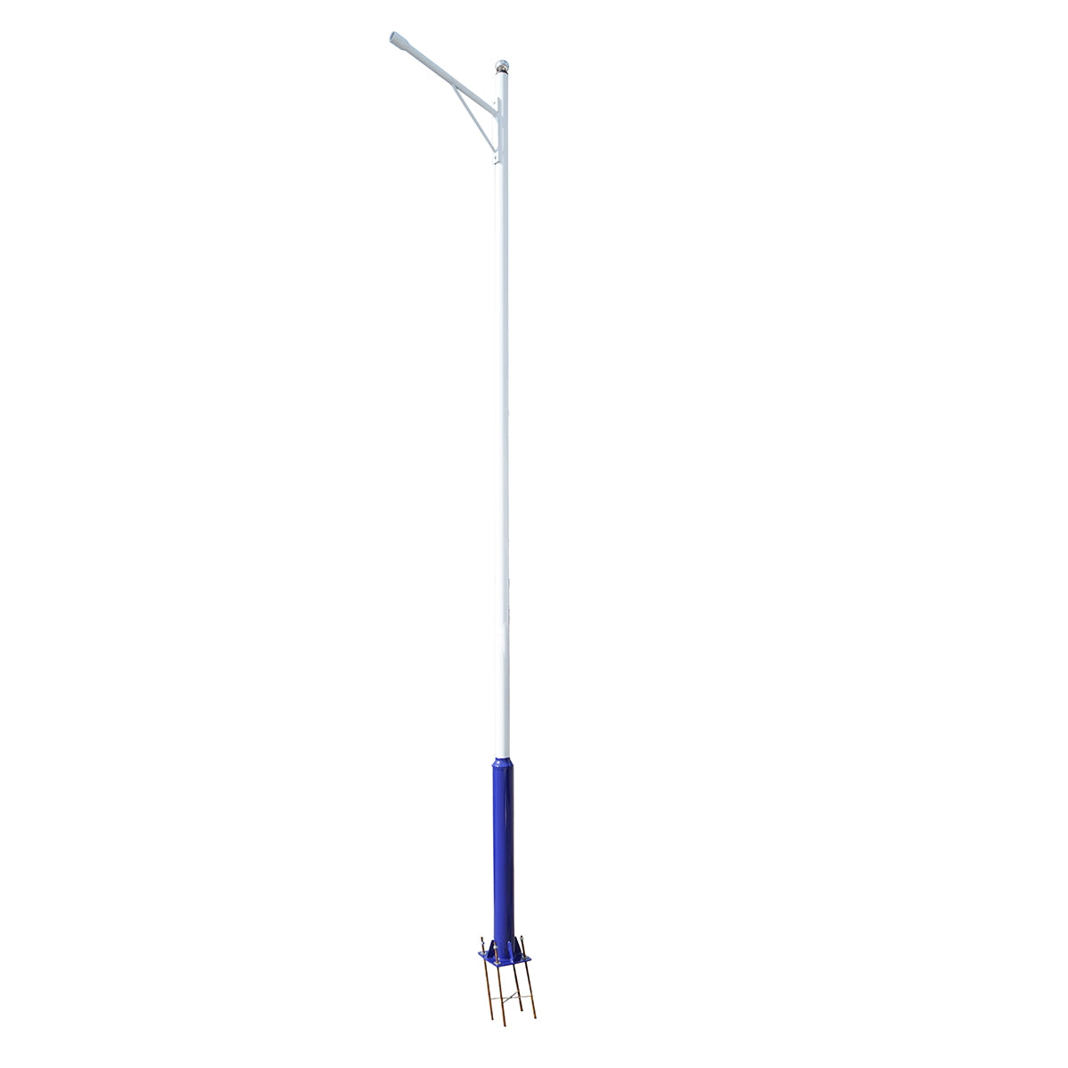 5m illuminated pole made of steel with horizontal arm and concrete mounting flange.