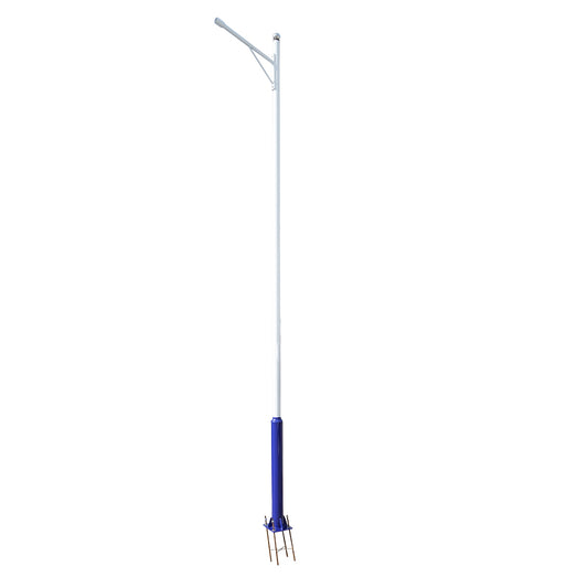 5m illuminated pole made of steel with horizontal arm and concrete mounting flange.