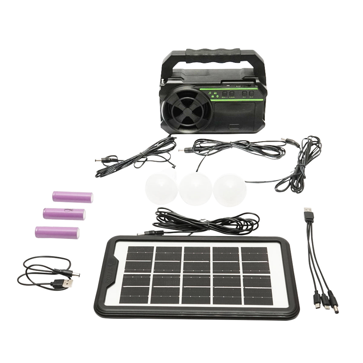 Portable LED lighting kit with 3 bulbs/projector, solar panel, FM radio and 4500 mAh battery for fishing camping GD-8081FM