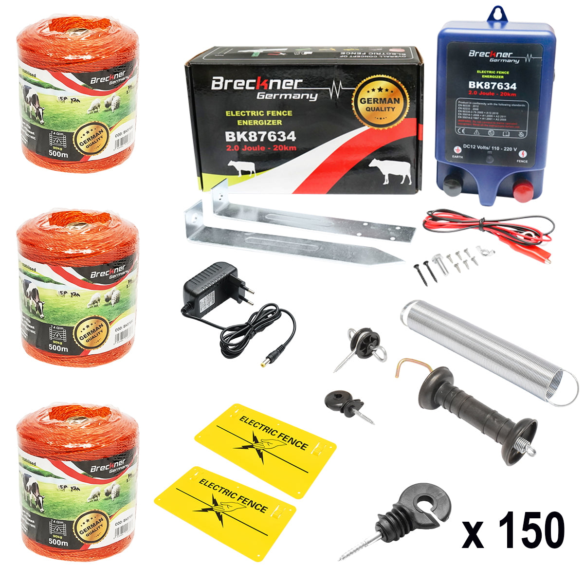 Complete electric fence kit 12/220V, 2 Joules, wire length 1500m, 150 insulators and warning signs Breckner Germany