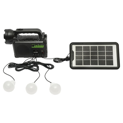 Portable LED lighting kit with 3 bulbs/projector, FM radio, MP3, solar panel, and 3.7V, 4500 mAh battery for fishing camping GD-P30FM