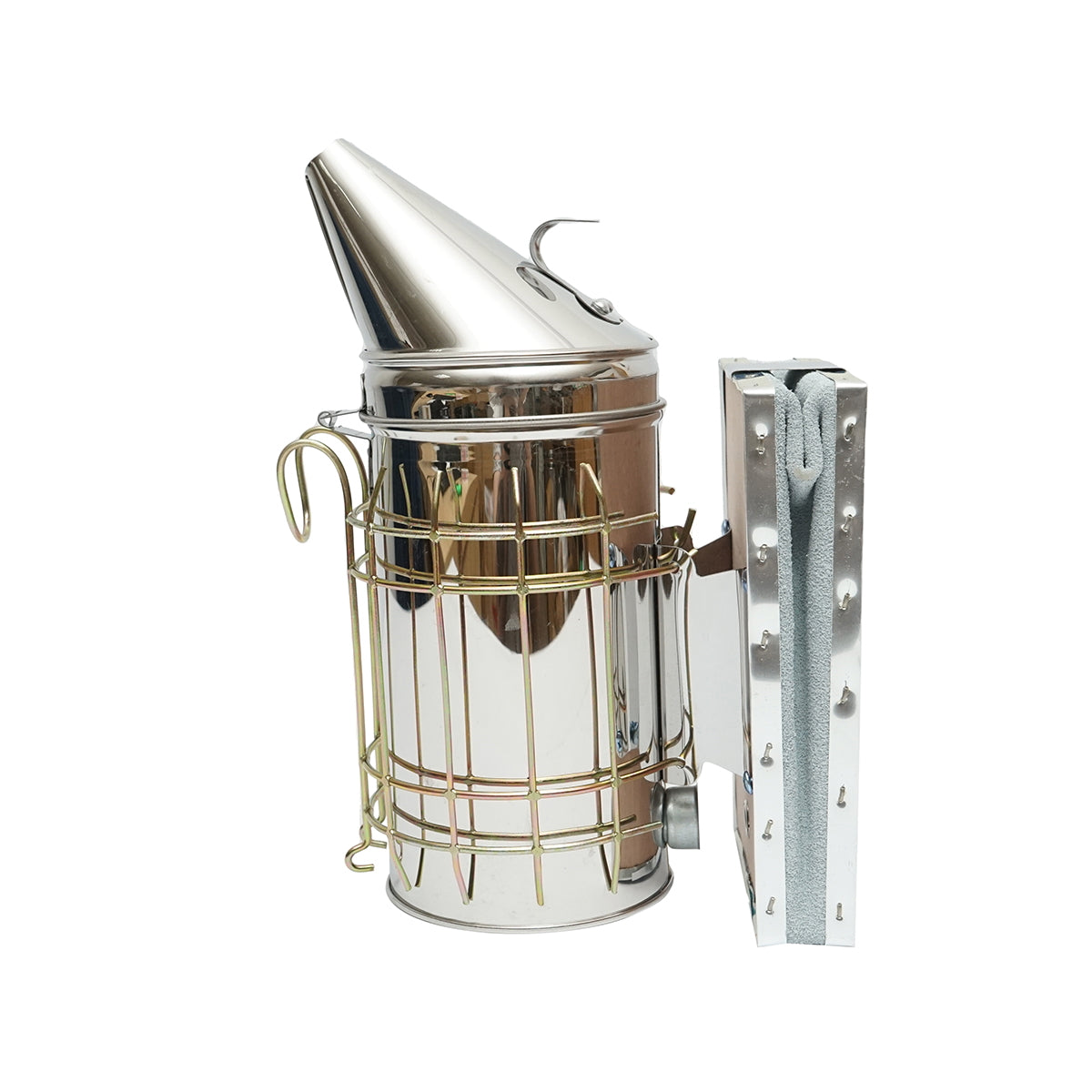 Stainless steel bee smoker with thermal shield cylinder and leather bellows 190mm