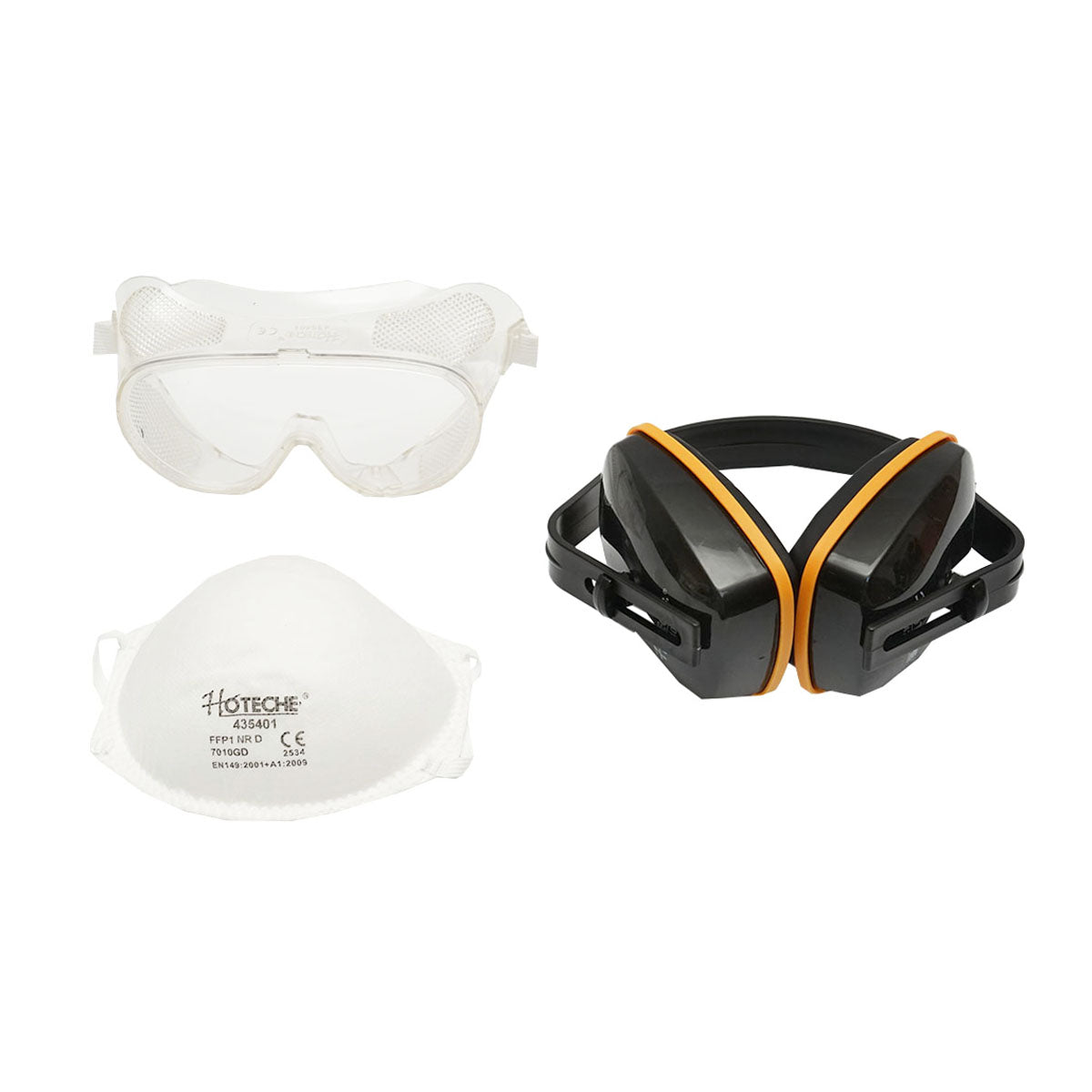 Set of work equipment including dust mask, glasses, and Hoteche headphones.