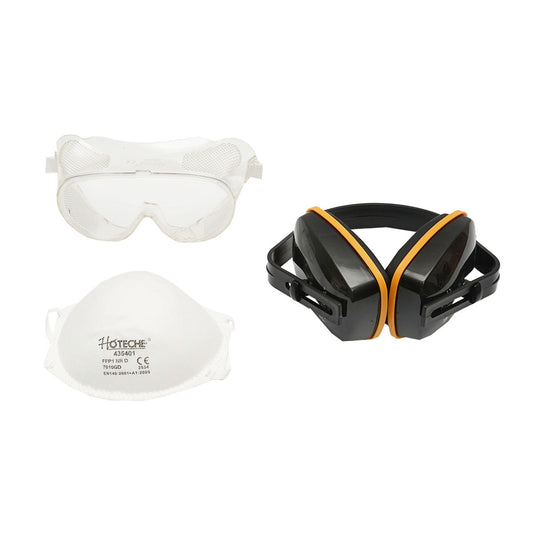 Set of work equipment including dust mask, glasses, and Hoteche headphones.