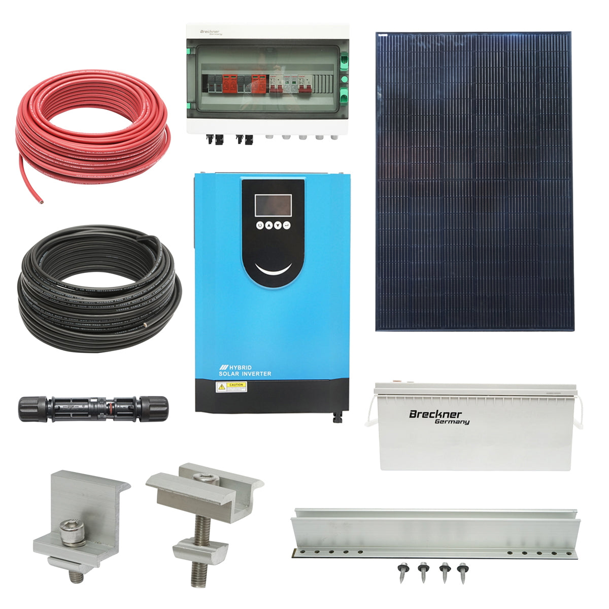 5KW photovoltaic solar system with 6.2KW hybrid inverter, OFF-GRID 220V, LONGI 410W panels and 200AH batteries with Breckner Germany roof mounting system.