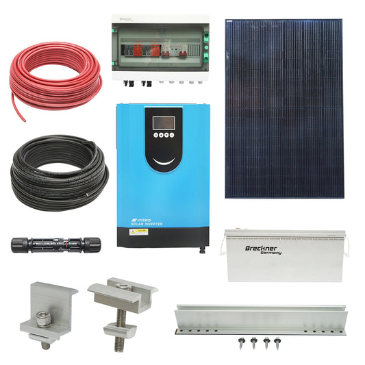 5KW photovoltaic solar system with 6.2KW hybrid inverter, OFF-GRID 220V, LONGI 410W panels and 200AH batteries with Breckner Germany roof mounting system.