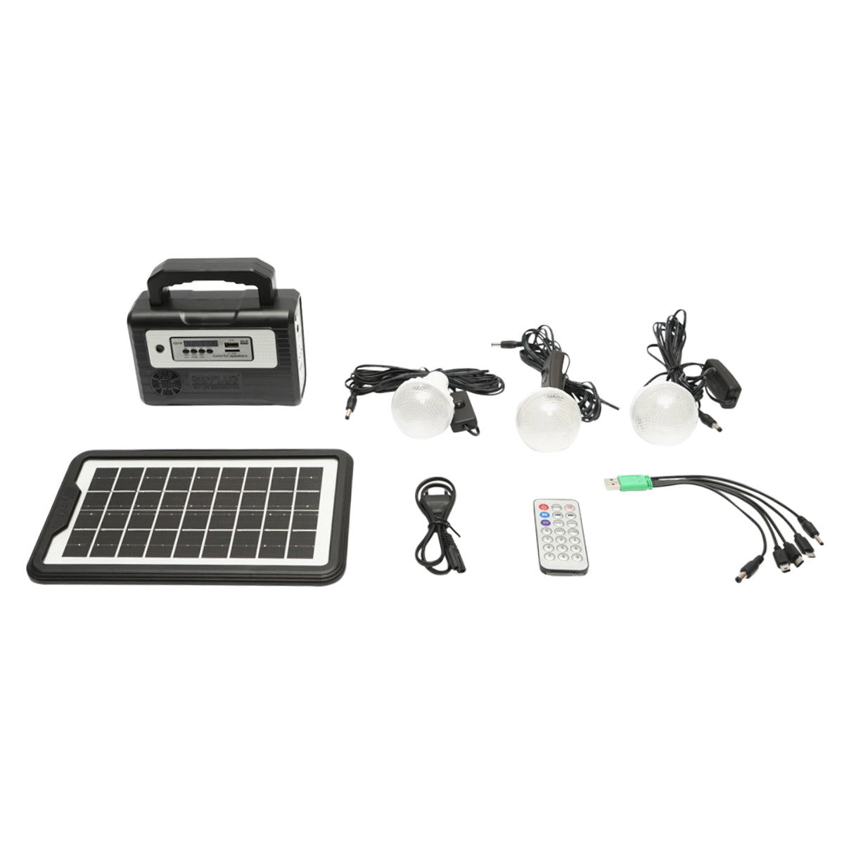Portable LED lighting kit with 3 bulbs/projector, solar panel FM radio, MP3 and 4500 mAh battery for fishing camping GD-8028COB