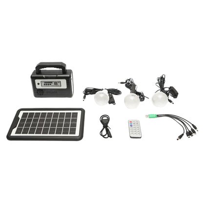 Portable LED lighting kit with 3 bulbs/projector, solar panel FM radio, MP3 and 4500 mAh battery for fishing camping GD-8028COB
