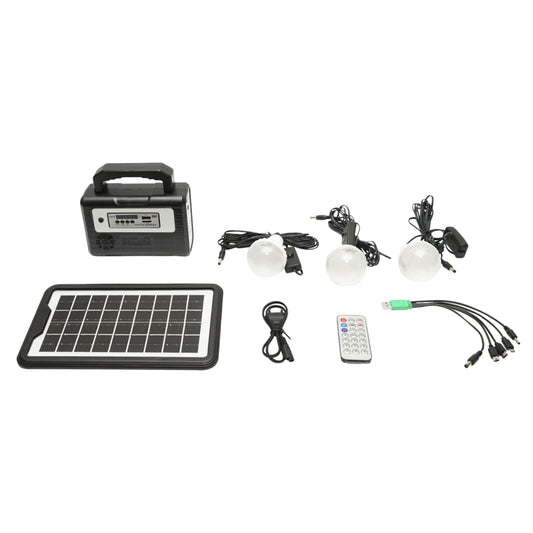 Portable LED lighting kit with 3 bulbs/projector, solar panel FM radio, MP3 and 4500 mAh battery for fishing camping GD-8028COB