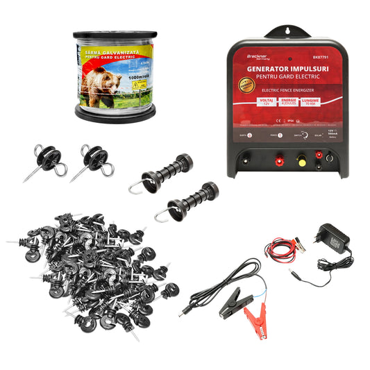 Complete electric fence kit 12/220V, 4 Joules, wire length 1000m, 100 insulators Breckner Germany