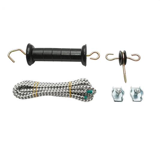 Set of gate handle with elastic wire, connectors, double anchoring insulator for electric fence Breckner Germany