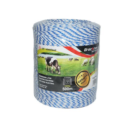 Roll of white-blue wire 3mm 3x0.2mm SS, 7.8 Ohm/m, 500m electric fence Breckner Germany