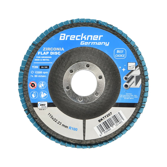 Zirconia abrasive flap disc for grinding metal, stainless steel P100, 115mm Breckner Germany