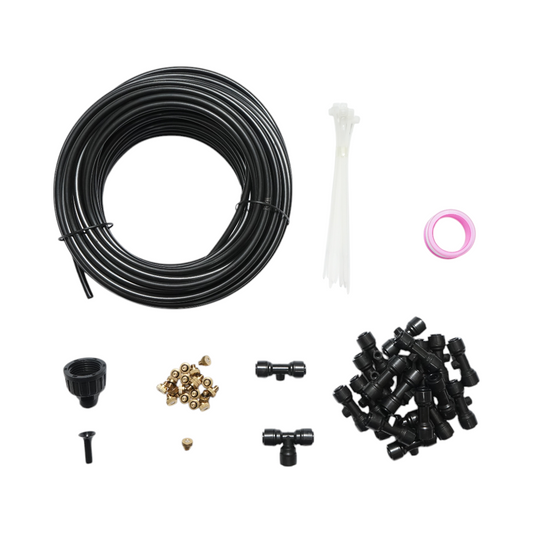 Complete misting water spray kit with 20m hose, brass nozzles for terrace, garden 65 pieces