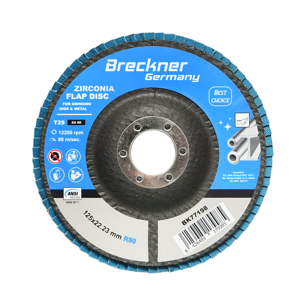 Zirconium abrasive grinding disc for cutting and polishing metal, stainless steel P80, 125mm Breckner Germany