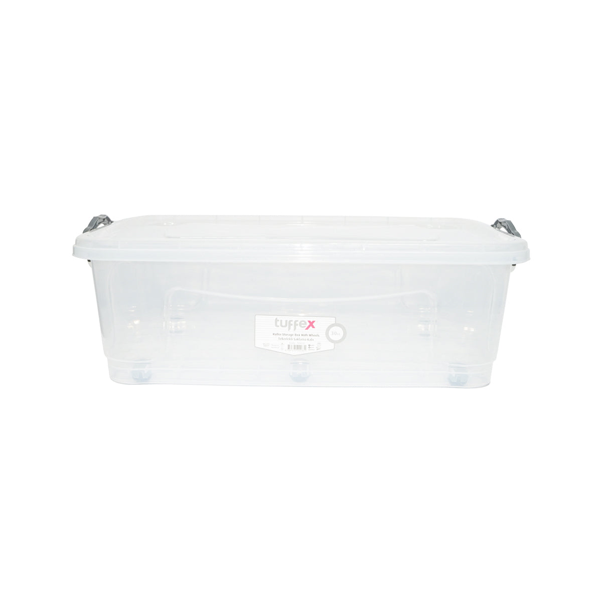 30L storage box with lid and wheels made of transparent plastic 630x400x200mm