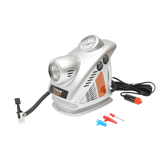 12V 3 in 1 car compressor with flashlight and work lamp, maximum pressure 6.9 Bar. Hoteche