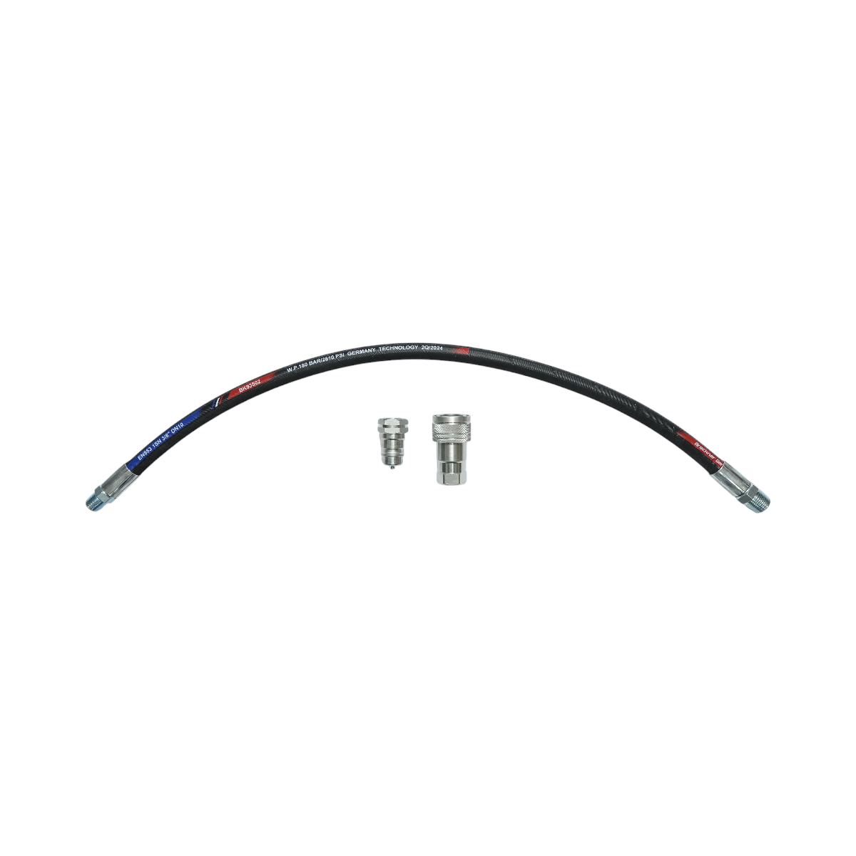 Certified pressure hose for hydraulic tensioners 70cm with fittings 1/2 + 3/8 and a mosquito valve.