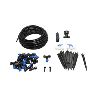 Complete drip irrigation kit with 19m hose, nozzles, taps, fixing rods, 37 pieces