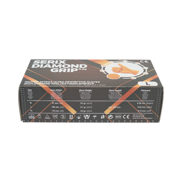 Unpowdered orange nitrile gloves with diamond grip texture, size L, 50 pieces/box