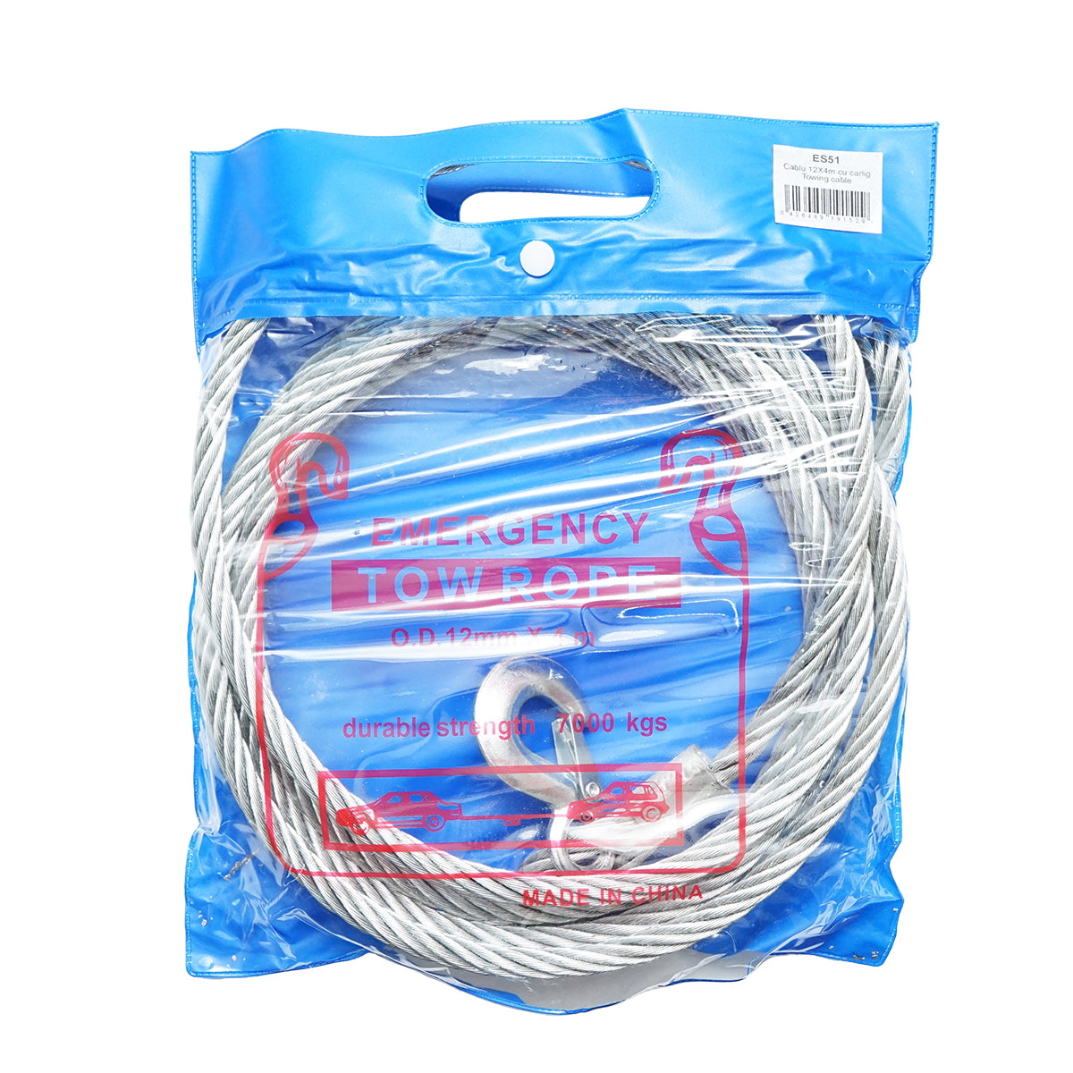 Steel winch cable with a thickness of 12mm and a length of 4m, hook and ring for towing or lifting.