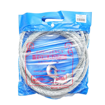 Steel winch cable with a thickness of 12mm and a length of 4m, hook and ring for towing or lifting.