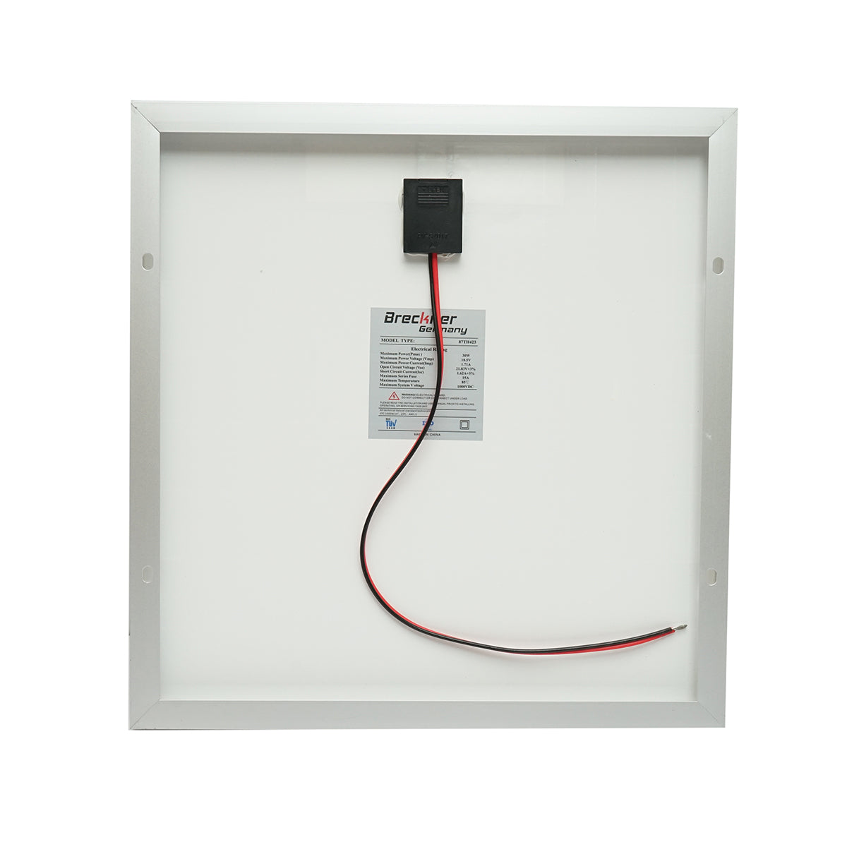 30W photovoltaic monocrystalline solar panel with a 90cm connection cable and maximum voltage of 18V 420x405x25mm Breckner Germany