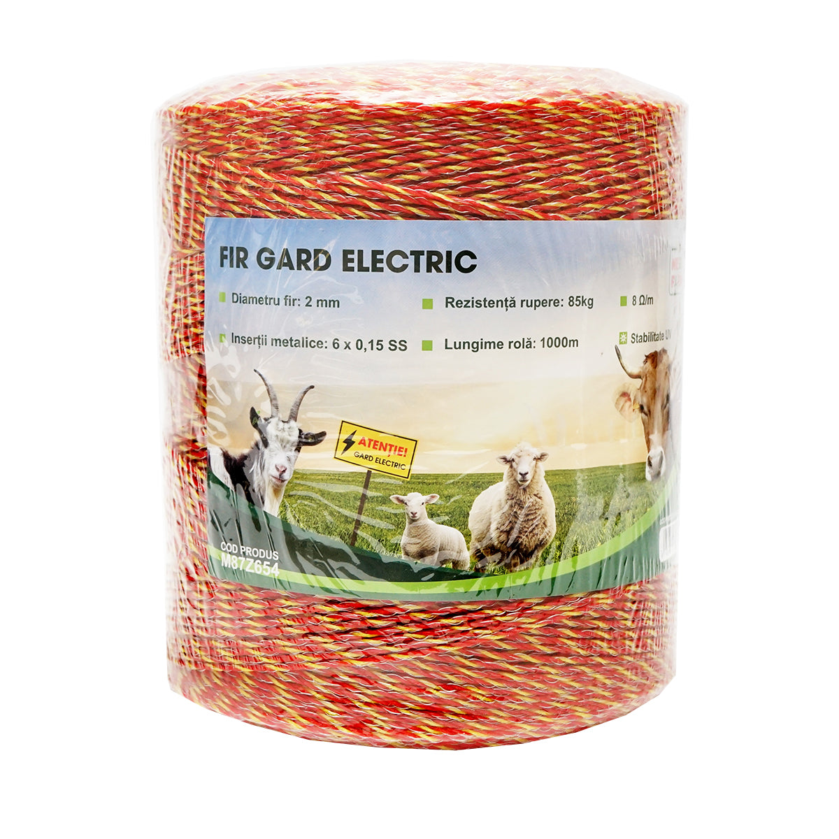 Roll of yellow-red wire 2mm with 6x0.15mm SS metal insert, resistance 8 Ohm/m, 1000m electric fence Mezofarm