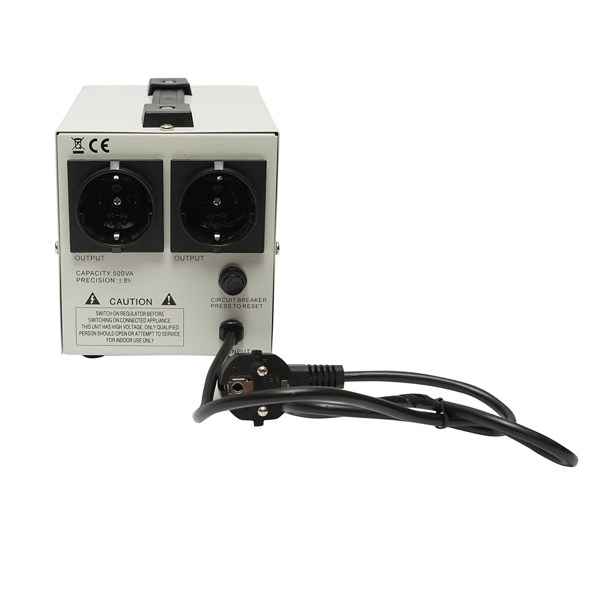Automatic single-phase voltage stabilizer with relay 500VA/140-260V, 2 Schuko sockets 230V, LCD display Breckner Germany