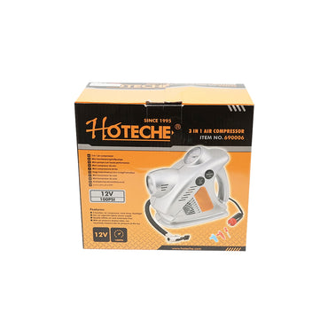 12V 3 in 1 car compressor with flashlight and work lamp, maximum pressure 6.9 Bar. Hoteche