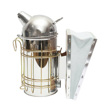 Smoker for bees made of stainless steel with a thermal shield cylinder and leather bellows 160mm