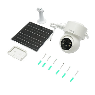 4 MP surveillance camera with 5W solar panel, fast charging 18650 battery, 2.4 GHz WIFI, 360-degree rotating PTZ with motion sensor, human detection PIR, alarm, night vision, and iCSee app.