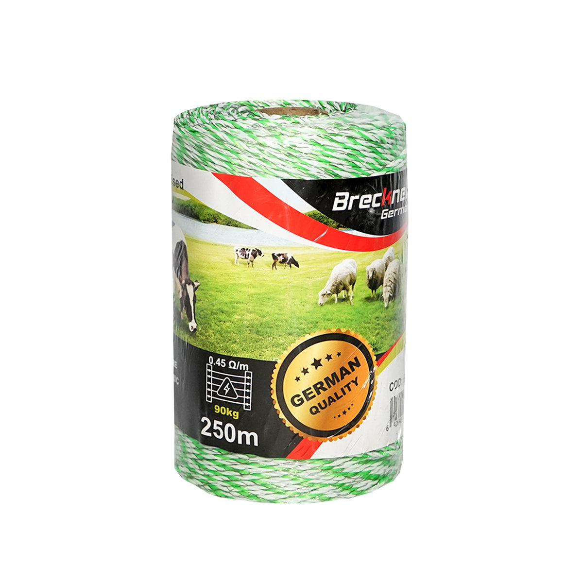 Green-white wire roll 3mm 3x0.2mm stainless steel, 1x0.25 copper 0.45 Ohm/m, 250m electric fence Breckner Germany