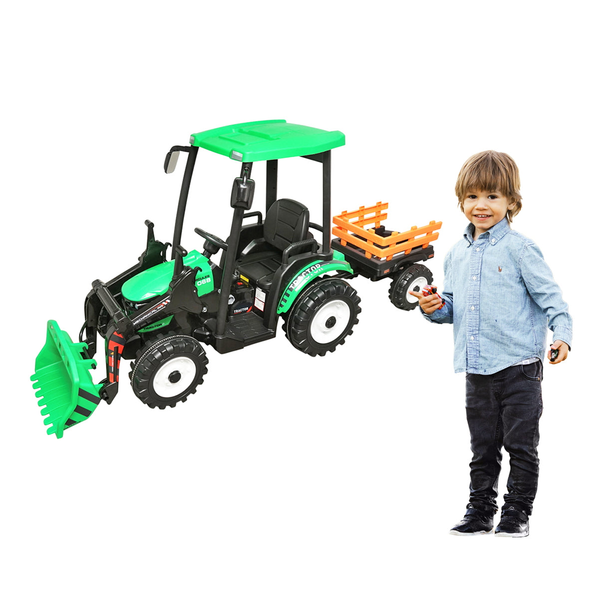 Electric tractor with trailer for kids with 12V/10Ah battery and remote control JS3158B green